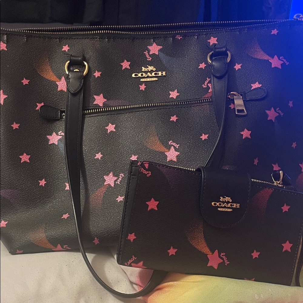 Coach Black and Pink Star Tote and Wallet Set